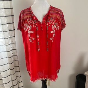 Red Short Sleeve Johnny Was Blouse Embroidered Size XL